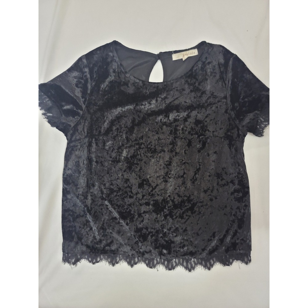 Rewind Black Crushed Velvet‎ Lace Trim Top Short Sleeve Keyhole Back Blouse M